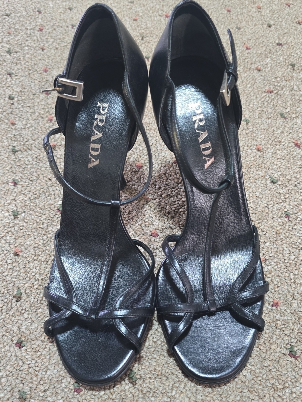 Prada Black Leather Strappy Ankle-Heel Sandals